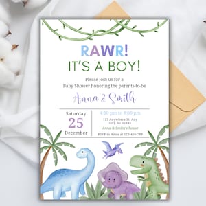 Dinosaur Baby Shower Invitation, It's a Boy Dinosaur Baby Shower Invite, Dino Baby Shower Invite, Boy Baby Shower, Editable Digital Template
