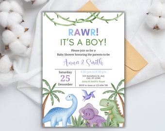 Dinosaurier-Babyparty-Einladung, es ist ein Junge Dinosaurier-Babyparty-Einladung, Dino-Babyparty-Einladung, Junge-Babyparty, bearbeitbare digitale Vorlage