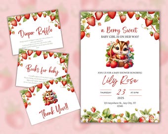 Editable Berry Sweet Baby Shower Bundle, Strawberry Baby Shower Invitation Bundle, Berry Baby Shower Invitation, Instant Download