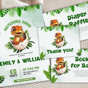 Bald schlüpfen Dinosaurier-Babyparty-Einladung | Bearbeitbare Dino-Babypartyvorlage | Dschungel Reptil Thema | Junge Mädchen Gender Neutral einladen