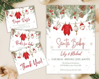 Könnte beinhalten: Eine festliche Babyparty-Einladung und passende Karten. Die Einladung lautet "Santa Baby" und enthält Details für eine Babyparty zu Ehren von Lily & Michael. Die Karten sagen "Diaper Raffle", "Books for baby" und "Thank You!" mit Babykleidung und Ornamenten.
