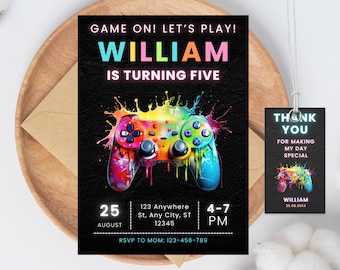 Plantilla de invitación de cumpleaños de videojuegos, invitación de videojuegos, invitación de cumpleaños de jugador, invitación de cumpleaños de arcade, descarga instantánea