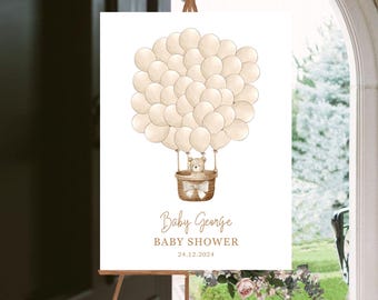 Libro de visitas con huellas dactilares, globo y oso, libro de visitas con globos aerostáticos, letrero para baby shower, oso beige y huella dactilar de recuerdo de género neutro