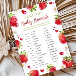 Jeu d'associations d'animaux de baby shower pour baby shower aux fraises, activité de cartes de quiz pour baby shower de noms d'animaux pour baby shower de baies, TÉLÉCHARGEMENT IMMÉDIAT