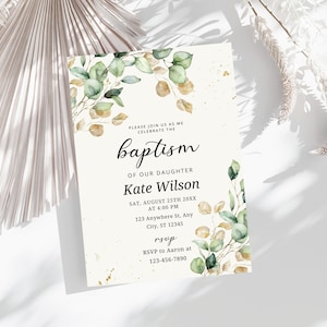 Greenery Baptism Invitation Template, Floral Baby Girl Invites Editable, Wildflower Baptism Invite Christening Invitation Rustic Baptism