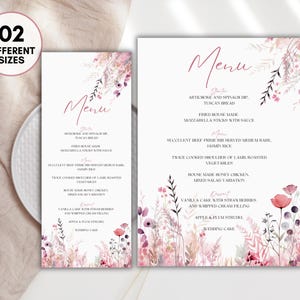 Plantilla de menú floral para baby shower: diseño de flores silvestres editable e imprimible, temática botánica rosa, decoración para baby shower, tarjeta de menú floral rosa
