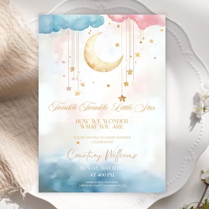 Modello di invito per rivelazione del sesso del bambino Twinkle Twinkle Little Star, invito per baby shower per maschio o femmina, invito con luna rosa e blu, stelle e nuvole