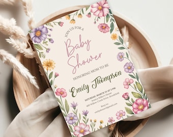 Sjabloon babyshower met bloemen | Bewerkbare lente babyshower uitnodiging | Babyshower voor meisjes | Boho roze babyshower | Lente babyshower