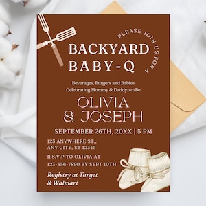 Backyard Couples Baby Shower Template, Co-ed Gender Neutral BbQ Baby Shower, Baby-Q, Modern Invitation, Unisex Baby BBQ Party Template