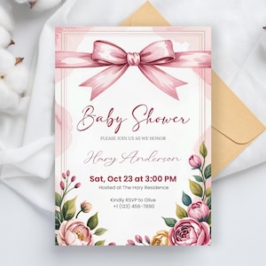 Blush Pink Bow Baby Shower Invitation, Girl Coquette Baby Shower Invite, Editable Watercolor Ribbon Invite, Pink Baby Shower Template Canva
