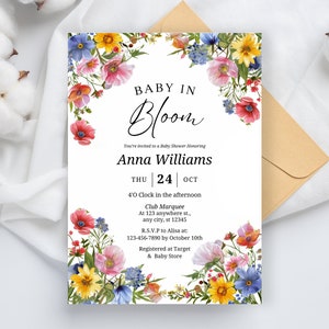 Editable Baby in Bloom Baby Shower Invitation, Wildflower Baby Shower Invitation Template, spring Flower Baby Shower Invitation