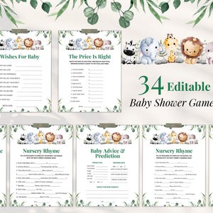 Juegos de baby shower de animales de safari, juegos de baby shower de Oh Boy Safari, juegos de animales de safari de la selva verde, juegos de baby shower editables