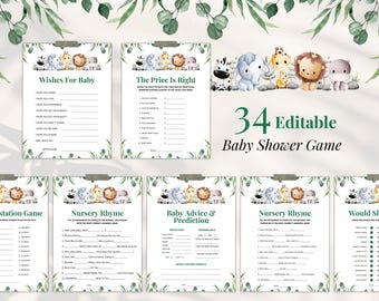 May include: A set of 34 printable baby shower game cards featuring a jungle animal theme. The cards are decorated with green leaves and cute animal illustrations. The games include "Wishes for Baby", "The Price is Right", "Gestation Game", "Nursery Rhyme", "Baby Advice & Prediction", and "Would She Rather".