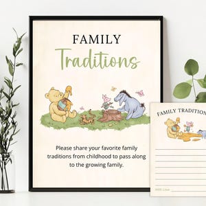 Klassiek Winnie de Poeh-babyshower Bordje familietradities met antwoordkaarten, deel een herinnering, bordje, direct downloaden