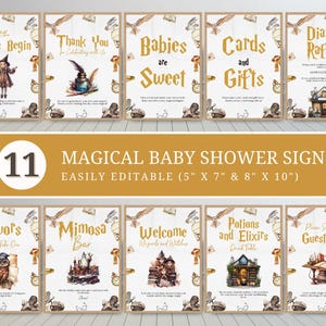 May include: Eleven printable signs for a magical baby shower. The signs feature illustrations of owls, potions, and other magical elements. The signs are easily editable and come in two sizes: 5 inches by 7 inches and 8 inches by 10 inches.