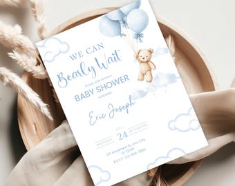 Editable Baby Boy Shower Invitation, We Can Bearly Wait Baby Shower Invite, Teddy Bear Baby Shower Invitation, Blue Baby Shower Invite,