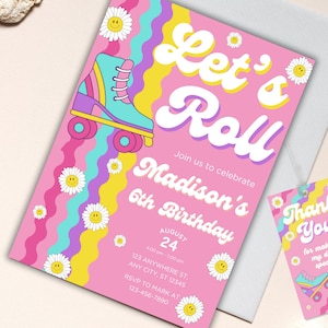 Editable Retro Roller Skate Birthday Party Invitation, Let&#39;s Roll Skating, Kids Rainbow 70&#39;s Skate Editable Canva Invitation, Corjl