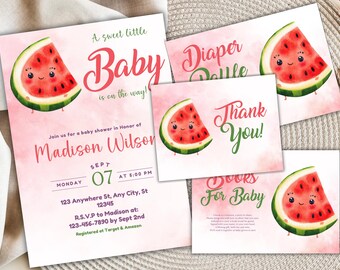Può includere: Inviti e biglietti per baby shower a tema anguria. L'invito presenta il testo "A sweet little Baby is on the way!" e i dettagli dell'evento. I biglietti includono "Diaper Doolle", "Thank You!" e "Books For Baby" con illustrazioni di anguria.