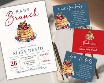 May include: A baby shower invitation with a watercolor illustration of a stack of pancakes with berries and syrup. The invitation is for a baby brunch for Alisa David on Saturday, October 26th from 4:00 PM to 7:00 PM. The invitation also includes the text "Registered at Target & Amazon".