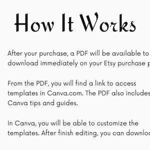 Puede incluir: Una gu&iacute;a de tres pasos sobre c&oacute;mo usar las plantillas de Canva. La gu&iacute;a incluye pasos numerados con texto que explica c&oacute;mo descargar un PDF, acceder a las plantillas en Canva.com y personalizar las plantillas.
