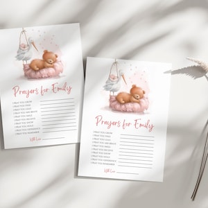 Oraciones para el bebé, juego de actividades para baby shower imprimible, baby shower de niña, tarjeta de oración con consejos editable, plantilla de tarjeta de deseos