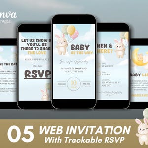 Webuitnodigingen babyshower met traceerbare reactie |  Babyshowerregister online RSVP| Geanimeerde video | Bewaar de datum | Teddybeerballonnen