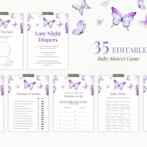 May include: A set of 35 printable baby shower game cards featuring a purple butterfly theme. The games include "Draw the Baby", "Late Night Diapers", "How Old Were the Parents-to-Be", "Mommy or Daddy", "Baby Trivia", "Beer or Baby", and "Gestational Game".