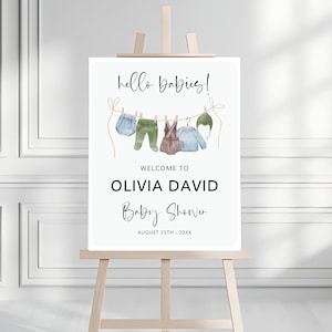 Boy Baby Shower Welcome Sign Template, Boho Boy Baby Shower, Baby boy is on his way, Gender Reveal Clothesline welcome sign Editable