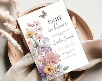 Vintage blommig inbjudan | Baby in Bloom babyshowerinbjudan mall för blommig babyshower | Handgjord inbjudan | Babyshower med vildblommor