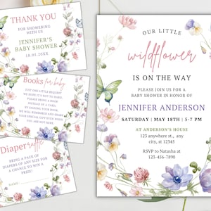 Editable Wildflower Baby Shower Invitation Bundle, Girl Baby Shower Floral Invite, Books for Baby, Diaper Raffle, Thank you Card, Printable