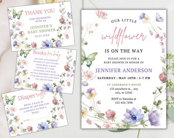 Lot d'invitations modifiables pour baby shower de fleurs sauvages, baby shower à fleurs pour filles, livres pour bébé, tombola de couches, carte de remerciement, baby shower de fleurs