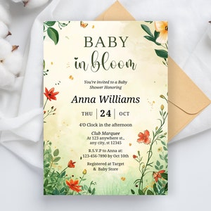 Editable Baby in Bloom Baby Shower Invitation, Wildflower Baby Shower Invitation Template, spring Flower Baby Shower Invitation
