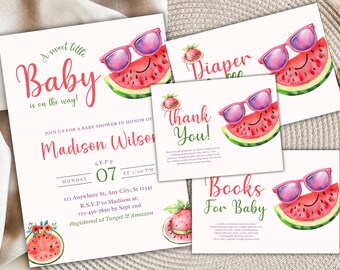 Può includere: Set di cancelleria per baby shower a tema anguria. L'invito recita "A sweet little Baby is on the way!". Biglietti con "Diaper", "Thank You!" e "Books For Baby".