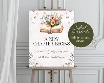 Letrero de bienvenida para baby shower con cuentos de hadas, comienza un nuevo capítulo en el baby shower, baby shower con cuentos de hadas de género neutro, descarga instantánea