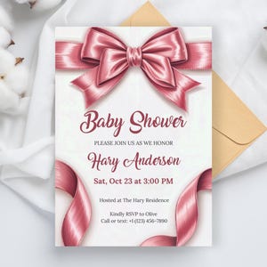 Blush Pink Bow Baby Shower Invitation, Girl Coquette Baby Shower Invite, Editable Watercolor Ribbon Invite, Pink Baby Shower Template Canva