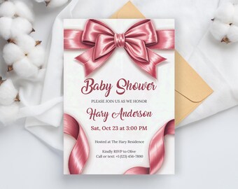 Blush Pink Bow Baby Shower Invitation, Girl Coquette Baby Shower Invite, Editable Watercolor Ribbon Invite, Pink Baby Shower Template Canva