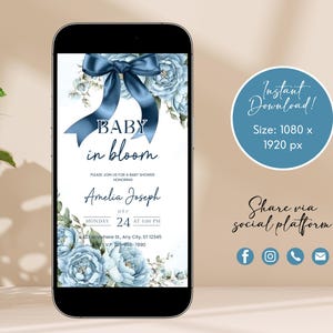 May include: A digital baby shower invitation displayed on a smartphone. The design features a blue bow, floral accents, and the text "BABY in bloom." The invitation includes details for Amelia Joseph's baby shower.