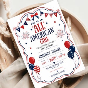 Patriotic Baby Shower Invitation Template | All American Girl Baby Shower Invite | 4th of July Baby Shower |  Red White Blue Canva Invite