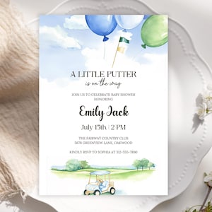 Een beetje putter is onderweg babyshower uitnodiging, golf babyshower uitnodigen, jongen golf babyshower, bewerkbare groene babyshower sjabloon