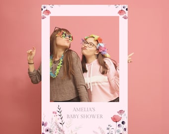 Cornice per cabina fotografica per baby shower, cornice per selfie per baby shower, modello Canva modificabile, accessorio floreale per cabina fotografica, cartello stampabile 24x36