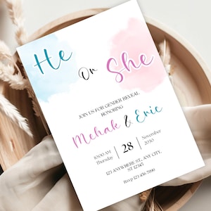 Invitación para niña o niño en rosa y azul / Tarjeta para fiesta de revelación de género / Bebé minimalista en rosa pastel y azul / Invitación minimalista para fiesta de revelación de género