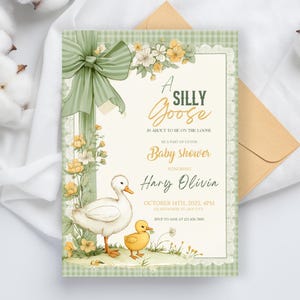 Silly Goose Baby Shower Invitation, Green Floral Duck Invite, Editable Template for Girl Baby Shower, Goose Theme, Instant Download