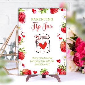 bacca dolce Parenting Tip Jar Sign e scheda di consigli per il genitore futuro, gioco di baby shower alla fragola, scheda di previsione del bambino, download immediato