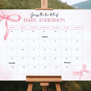 Rosa Schleife Baby Fälligkeit Datum Kalender Spiel Errate Babys Geburtstag Coquette Baby Shower Geburtstag Poster Schild Vorlage, Mädchen Baby Shower Fälligkeit Datum Gam