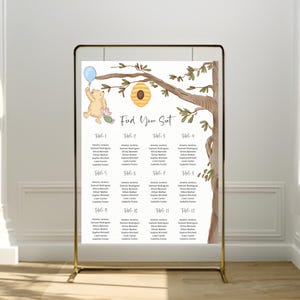 Cartello con tabella dei posti a sedere di Winnie the Pooh, classico schema dei posti a sedere per baby shower dell'orso Pooh, schema dei posti a sedere per baby shower modificabile, download immediato