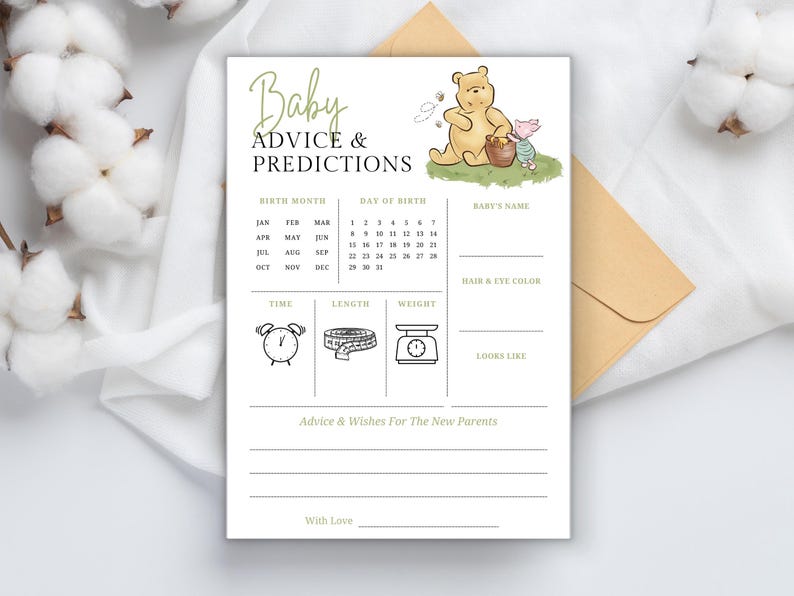 Puede incluir: Una tarjeta de juego de baby shower imprimible con Winnie de Pooh y Piglet. La tarjeta tiene un calendario para que los invitados adivinen el mes y el d&iacute;a de nacimiento del beb&eacute;, as&iacute; como secciones para que escriban sus predicciones sobre el nombre del beb&eacute;, el color de su cabello y ojos, la hora de nacimiento, la longitud, el peso y c&oacute;mo se ver&aacute;. La tarjeta tambi&eacute;n tiene una secci&oacute;n para que los invitados escriban consejos y deseos para los nuevos padres.