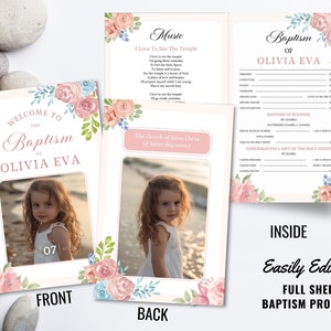 Peut inclure: Un programme de baptême floral rose et bleu avec une photo d'une jeune fille sur la face avant et une photo d'une jeune fille sur la face arrière. Le programme comprend le texte "Bienvenue au baptême d'Olivia Eva" et "Musique J'aime voir le temple".