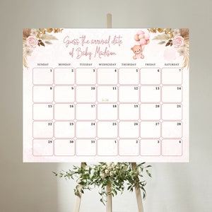 Boho Teddybär Baby Fälligkeitsdatumskalender, Babypartyspiel, Raten Sie den Geburtstag des Babys, bearbeitbare Babyvorhersage, Pampas Grass Babys Geburtsdatum