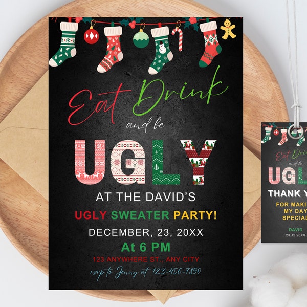 Editable Ugly Christmas Sweater Party Invitation, Christmas Ugly Sweater Invite, Elfed Up Ugly Sweater Party, Instant Download