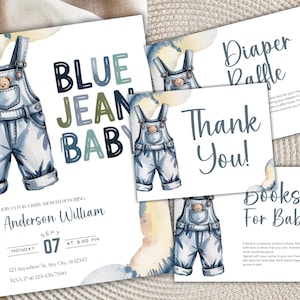 Blue Jean Baby Shower Invitation Bundle |  Baby Shower Template | Diaper Raffle, Books for Baby, Thank You Card | Cute blue Denim Themed